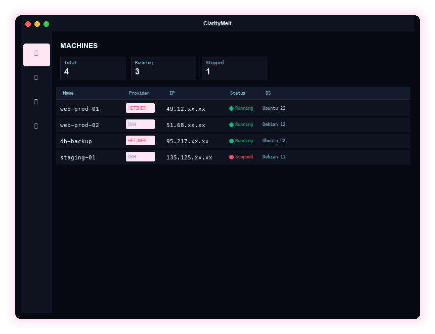 ClarityMelt app showing the Machines view
