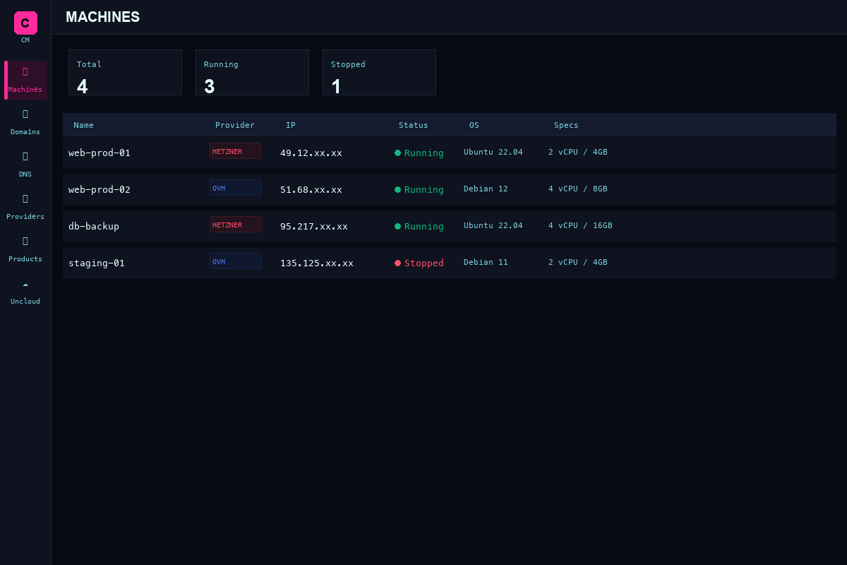 Machines view showing VPS instances
